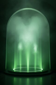 Volumetric green smoke slowly swirling and rising on a stage, green light beams pulsing gently