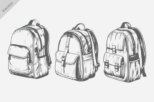 engraved school bag illustration. Hand drawn sketch style school bag on white background