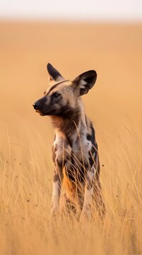 Majestic African wild dog standing alertly in tall golden dry grass in the savanna during warm golden hour sunset. The painted dog slowly turns its head, large rounded ears twitching subtly