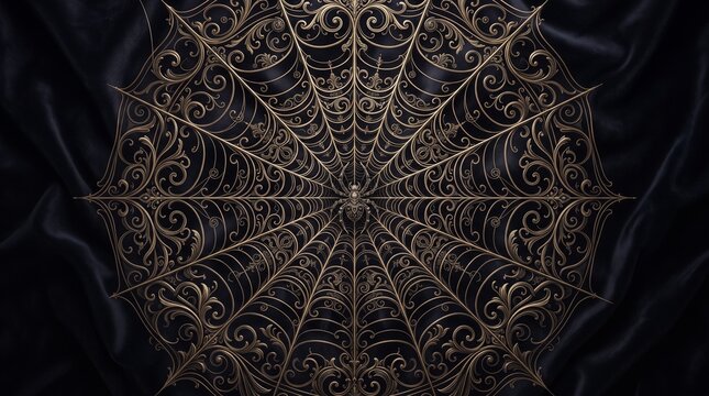 A decorative spider web illustration with ornate curls, elegant linework, and a luxury gothic feel on a dark velvet background, 8k.