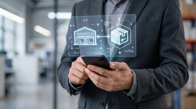 Businessman holding smartphone with smart warehouse logistics and supply chain distribution HUD technology