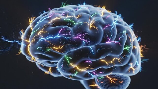 Human brain with colorful electrical impulses and neural activity representing consciousness