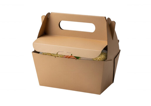 Cardboard takeout food container with handle isolated on transparent background for restaurant delivery service