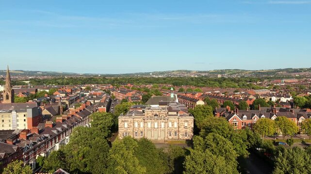 4K 60FPS aerial GV video of Union Theological College at Queen's University Belfast, Northern Ireland in the UK. Produced of a summer evening with Rec709 color.