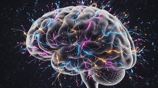 Human brain with colorful electrical impulses and neural connections in a side profile view