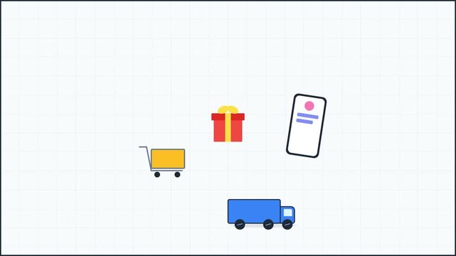 Minimalist Animated Shopping Cart and Gift Icon on White Grid Background