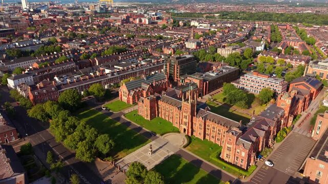 Approaching 4K 60FPS aerial GV video of Queen's University Belfast, Northern Ireland in the UK. Produced of a summer evening in with Rec709 color.