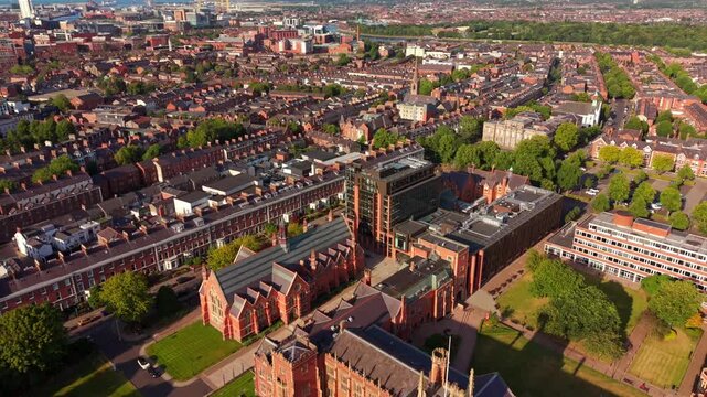 Reversing 4K 60FPS aerial GV video of Queen's University Belfast, Northern Ireland in the UK. Produced of a summer evening in with Rec709 color.