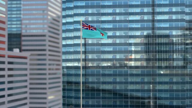 Fiji Flag 3D Render Animation Waving Against Glass Office Building - Daylight Scene