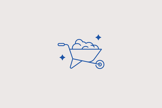 Wheelbarrow with soil line icon for garden supply shop. Vector illustration for yard work, soil transport, construction cart.