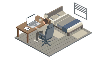 Naklejka premium Man working on laptop in bedroom isometric illustration