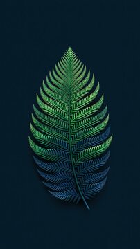 Single gradient green fern frond with symmetrical intricate leaflet pattern against dark plain background shows elegant modern botanical minimalist art