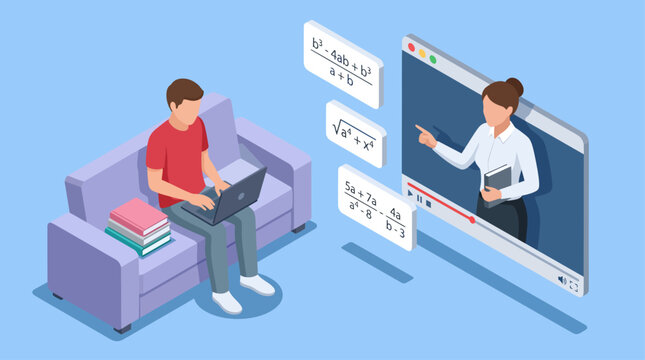 a student sits on a purple sofa using a laptop while watching an online math lesson featuring a virtual female teacher and floating algebraic equations on a blue background