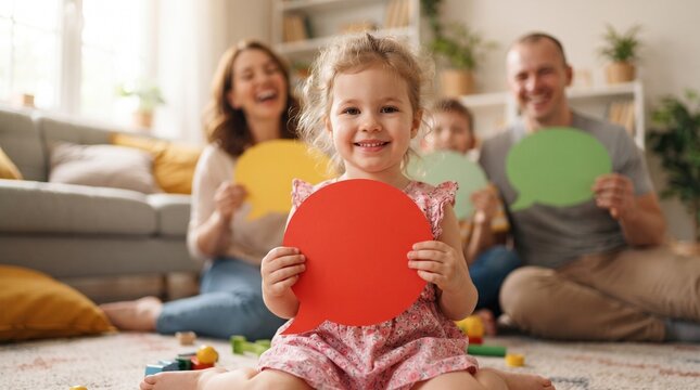 Toddler girl holding red speech bubble. Happy family playing with colorful chat signs.