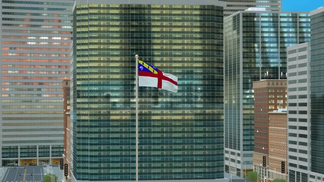 Herm Flag 3D Render Animation on Pole with Modern Business District Buildings - Daytime View