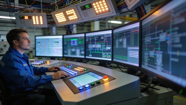 Technician In Modern Industrial Control Room Monitors