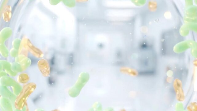 3D render of probiotic bacteria and lactobacillus floating in glass beaker against white laboratory background