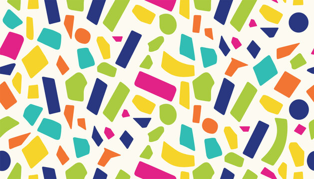 Colorful seamless terrazzo pattern featuring vibrant abstract geometric fragments scattered on cream.