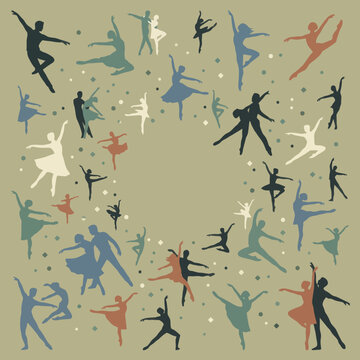 Silhouette of ballet dancers performing dance poses on light background