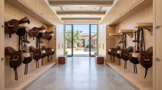 Elegant equestrian tack room featuring organized leather horse saddles on wooden racks within a modern luxury stable interior.