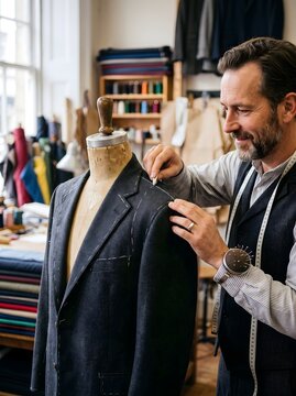 Skilled tailor marking a bespoke suit jacket on a mannequin in his workshop