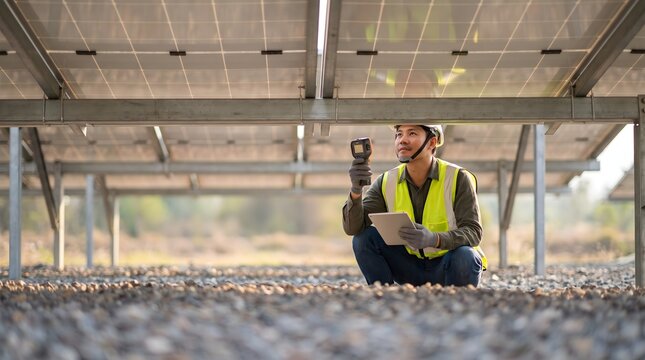 Asian engineer inspecting bifacial solar panels with thermal camera and tablet.