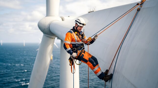 Offshore wind turbine technician inspecting blade with rope access equipment.