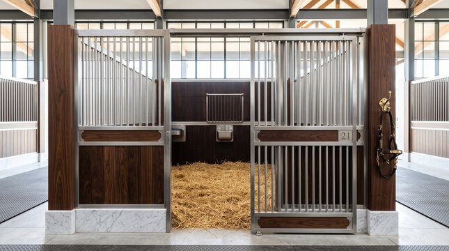 Elegant modern horse stable interior featuring premium wood paneling, sliding stainless steel doors, and fresh hay for animal care.