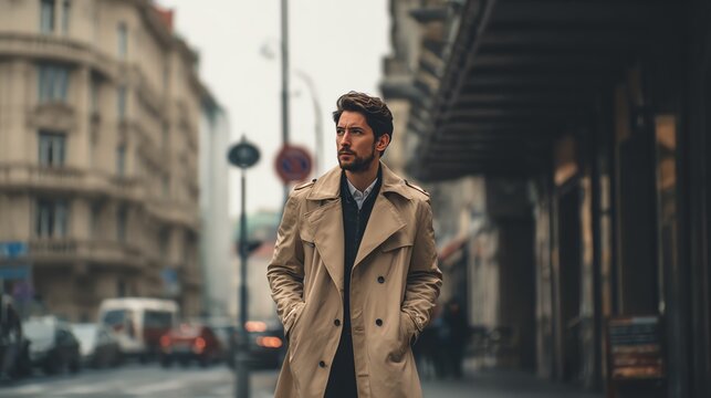 Stylish man walking in urban setting.