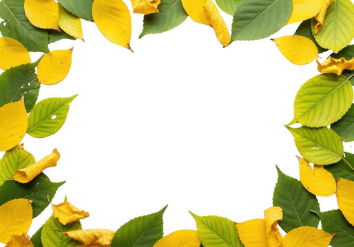 Frame of autumn leaves in yellow and green isolated on transparent background for seasonal border design elements