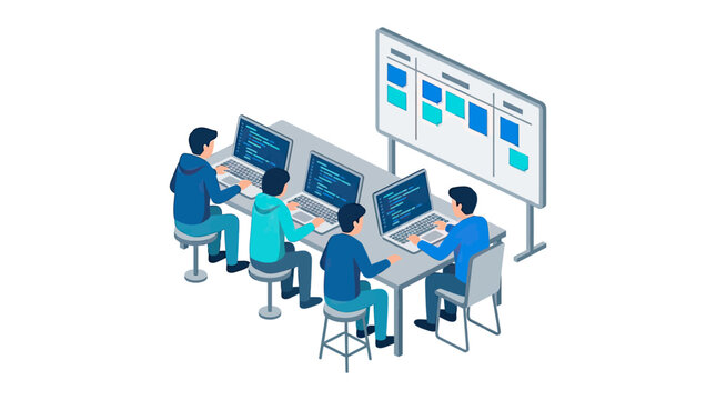 Isometric illustration of software developers working together in modern office