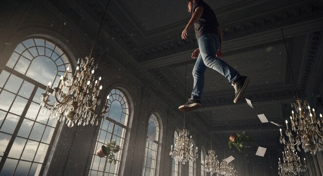 Man levitating in dark ornate ballroom with floating objects