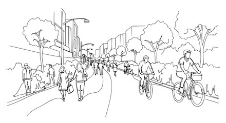Obraz premium Urban street scene with people walking and cycling on a sunny day