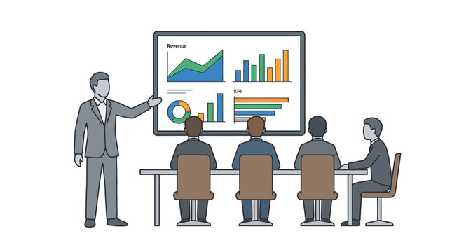 Businessman presenting financial reports and KPI data in office meeting