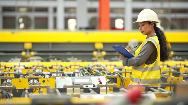 Female engineer inspecting production line with clipboard, manufacturing quality control, factory inspection, industrial operation, engineering workflow, production monitoring.