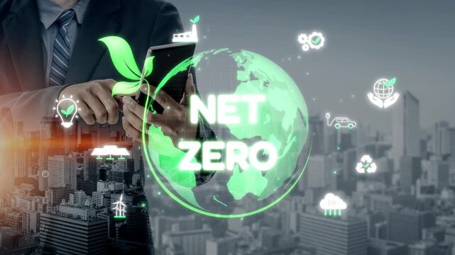 Net zero and sustainability concepts with environmental balance, digital sustainability icons, green energy goals, and eco-conscious digital business transformation for the future. Muxer