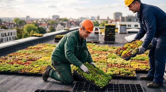Workers installing sedum green living roof trays for climate adaptation