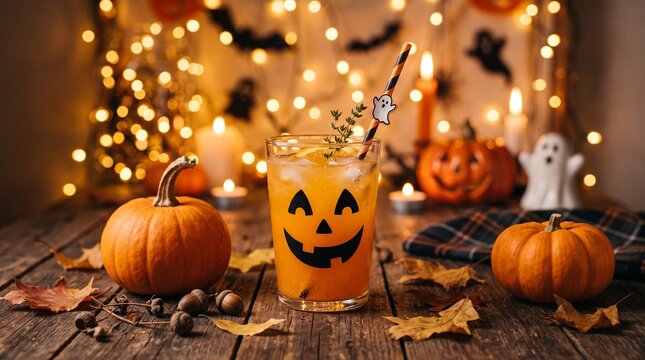 Halloween drink in pumpkin face glass with ghost straw