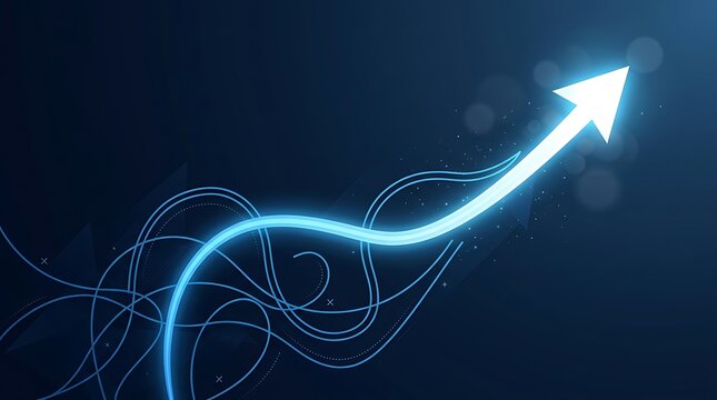 3D glowing blue arrow breaking through digital waves. Futuristic technology growth symbol with neon light trails.