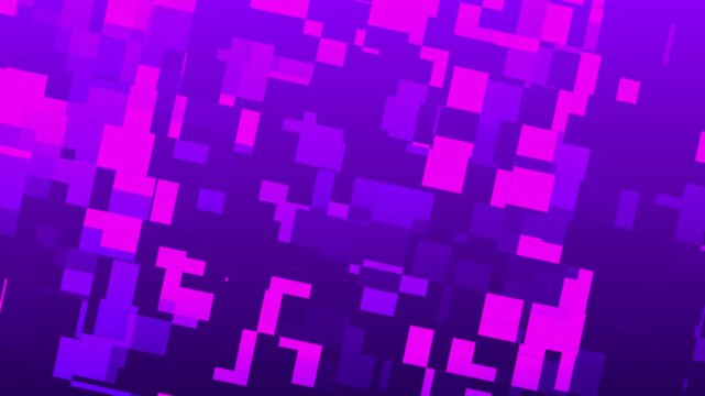 Vibrant purple and magenta abstract pixel background with glitch geometric block pattern, digital square technology texture, and neon glow.