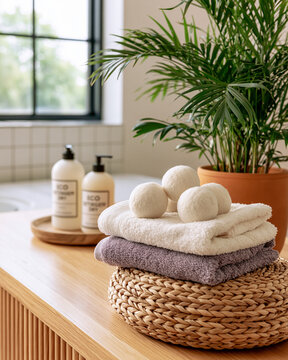 Soft towels rest on a woven mat beside a potted plant. Window lets in gentle, natural daylight. Bottles sit nearby, suggesting a calming spa setting. The plant adds fresh, green energy to the scene