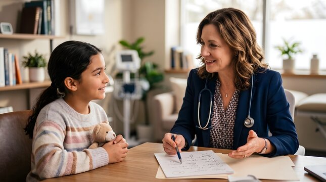 Friendly female doctor consulting a young girl patient about sleep disorder
