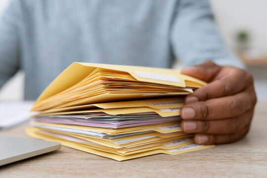 Hands hold a stack of yellow envelopes. Fingers grip paperwork with purpose and focus. Desk holds a laptop, suggesting a busy workspace. Background shows calm, neutral tones. Perfect for finance, mail