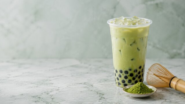 Iced matcha bubble tea in a clear cup with tapioca pearls, beside a bamboo whisk and a small dish of matcha powder on a marble surface.
