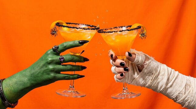 Halloween themed cocktails with witch and mummy hands toasting