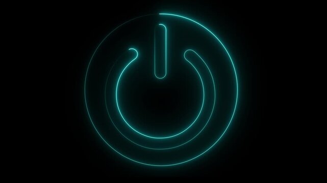Neon glowing power button icon animated on a black background ,The appearance of neon symbol power off ,alpha channel Premultiplied 4K Animation Video..