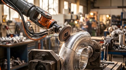 Fototapeta premium Robotic arm polishing a curved metal component in a manufacturing workshop.