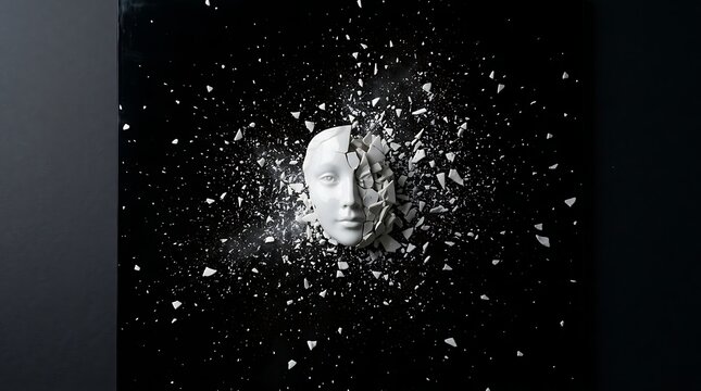 White plaster head exploding into numerous fragments against a dark background, symbolizing destruction, mental breakdown, or the shattering of ideas.
