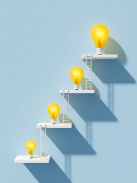 3D lightbulbs ascending steps with dollar signs. Innovative business growth and financial success concept using glowing ideas.