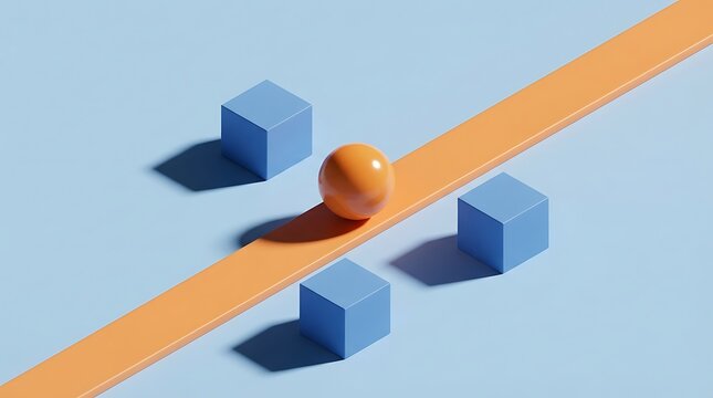 Wooden ball rolling down blue steps. Small sphere descending minimalist geometric staircase for design concepts.
